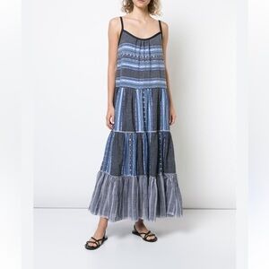 Lemlem Blue Tiered Maxi Dress M Handwoven Gauze Striped Spaghetti Strap Boho